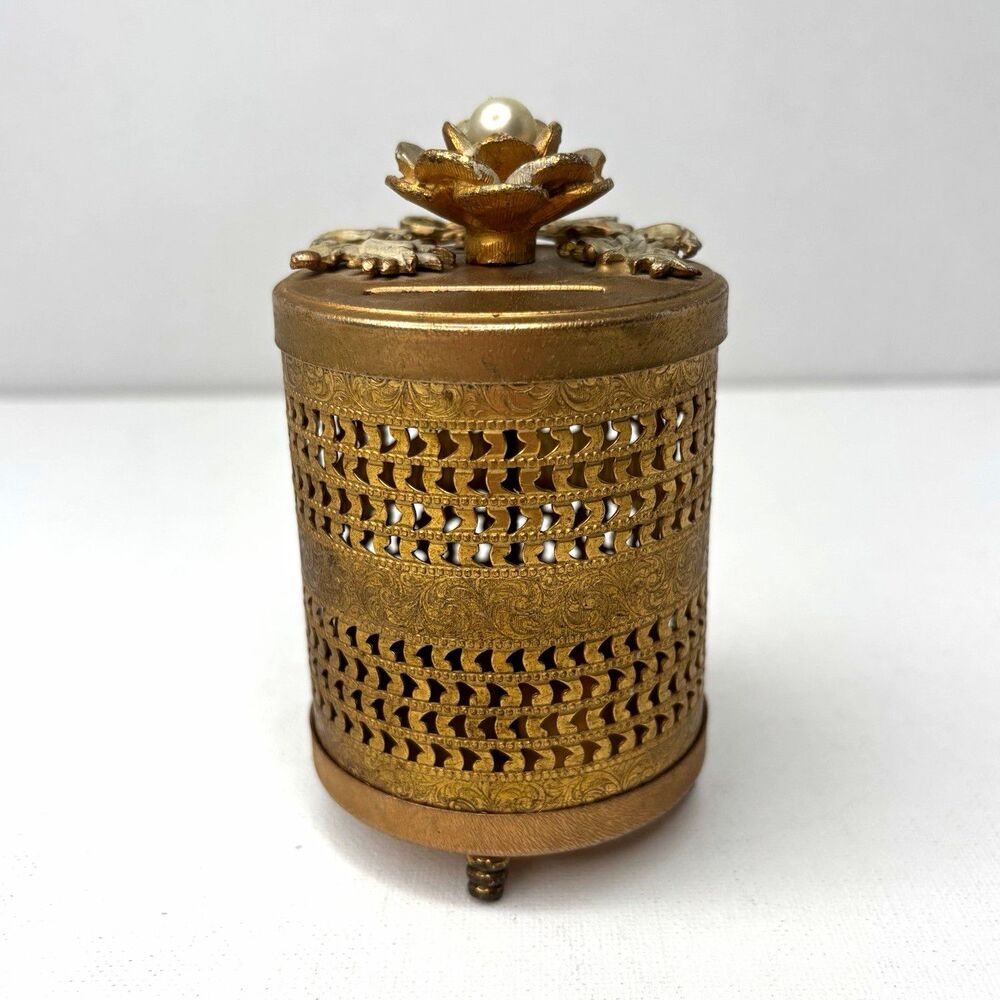 Vintage Ornate Gold Tone Metal Coin Bank Floral Pearl Filigree Pierced Design